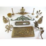 A quantity of brass including small Arts and Crafts tray decorated birds