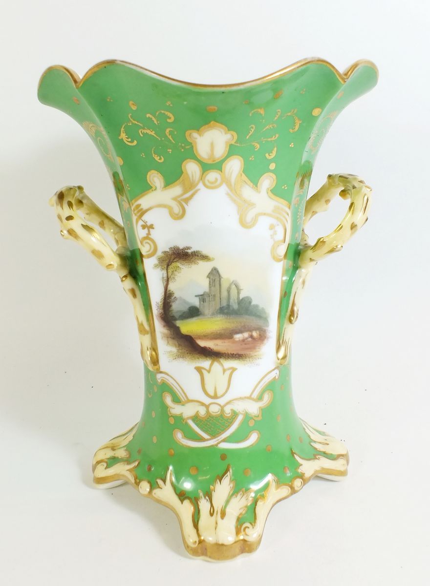 A group of 19th century Rockingham style china painted landscapes on apple green background - Image 2 of 2