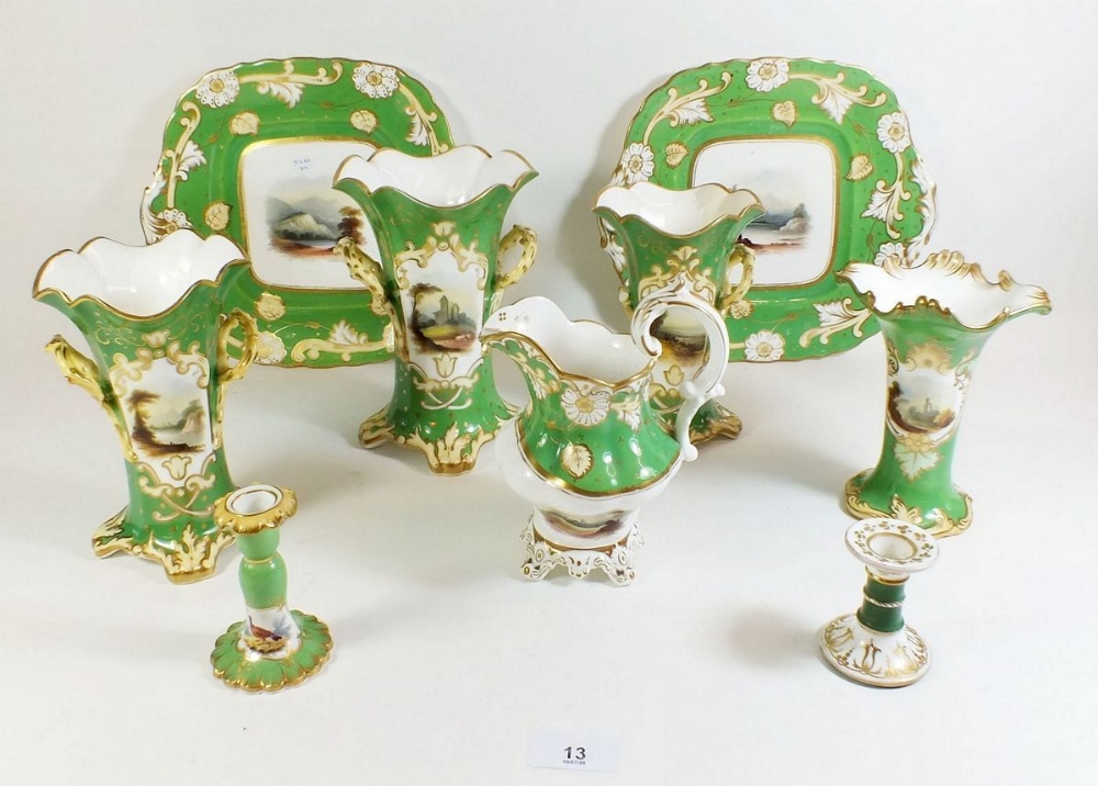 A group of 19th century Rockingham style china painted landscapes on apple green background