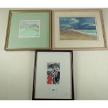 A watercolour coastal scene 17 x 24 cm, a watercolour sheep in landscape and a watercolour racing