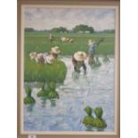 Viout - oil on canvas rice fields and workers - 59 x 44cm