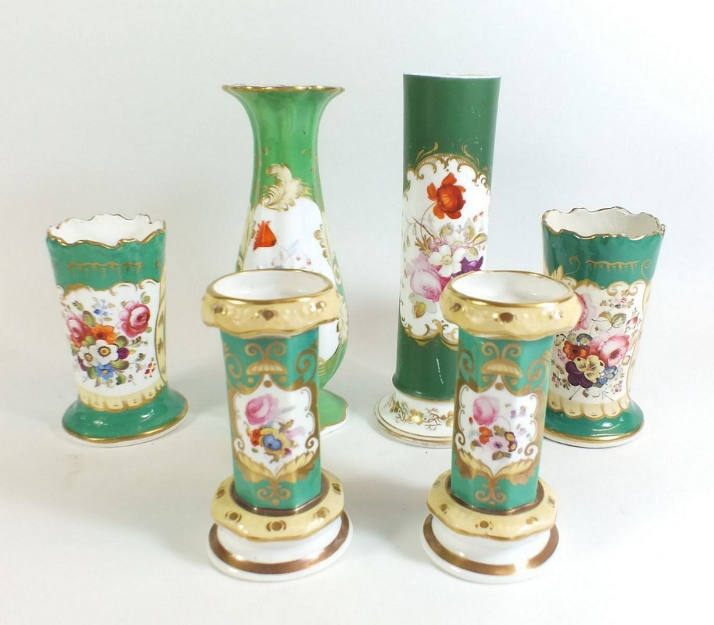 A group of 19th century Rockingham style china painted floral decoration on apple green - Image 3 of 3