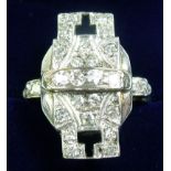 An Art Deco diamond set geometrical ring, 2cm x 1cm, size K