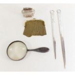 A group of silver plated items to include two skewers, chain purse, magnifying glass and Ronson