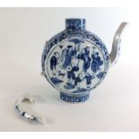 An 18th century Chinese blue and white moon flask form teapot decorated pageant scenes, lacking