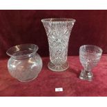 A tall cut glass vase - 32cm, a cut glass bowl and a Victorian cut glass bon bon bowl