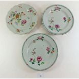 Three 19th century Chinese Celadon plates with enamel decoration - 23cm diameter.