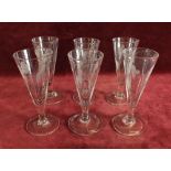 A set of six small early 19th century ale flutes engraved hops, 12.7cm tall