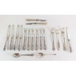 A silver handled part fruit cutlery set, three silver forks and two silver spoons