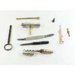 A good selection of collectable's including corkscrews, silver penknife, key shaped pencil etc