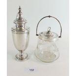 A preserve pot with silver mounts and lid, Sheffield 1919 and a silver plated sugar castor with s