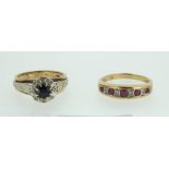 A 9ct gold ruby and chip diamond ring and a sapphire and diamond cluster ring