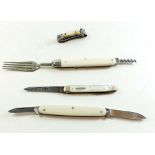 A travelling fork and corkscrew 'Taylor Eye' Sheffield penknife plus mother of pearl and nail