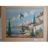 A vintage oil on canvas continental coastal scene - 39 x 48cm