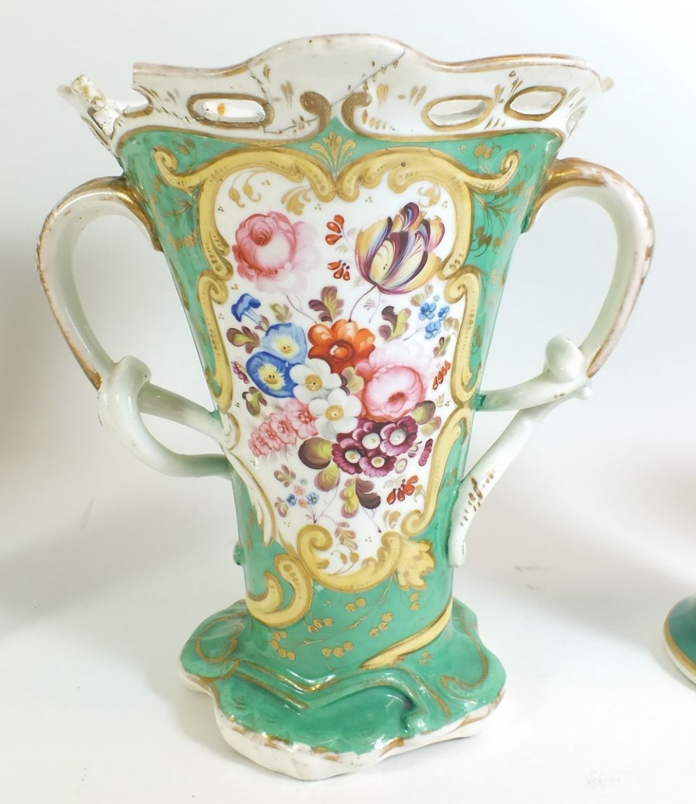 A group of 19th century Rockingham style china painted floral decoration on apple green - Image 2 of 3
