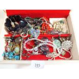 A jewellery box with contents - mainly costume jewellery with a few silver items