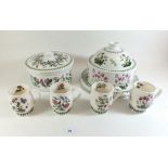A Portmeirion Botanic Garden cheese stand, tureen with lid and four mugs