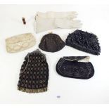 A box of beaded evening bags and gloves etc