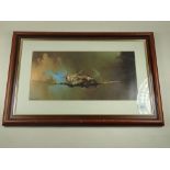 Barrie A.F. Clark - coloured print of a Spitfire in the clouds, 25 x 50cm