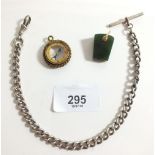 A silver albert chain, stone fob and compass fob