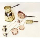 A deep brass kitchen bowl and a brass saucepan, copper frying pan etc