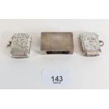 Two silver engraved vesta cases and a silver match box holder
