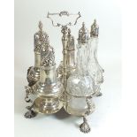 A George III silver Warwick cruet stand with matching large sugar caster, pepper caster, blind