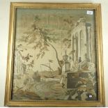 An early 19th century watercolour and silk embroidered panel of classical ruins with scholar a/f -