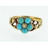 A Victorian 18 carat gold ring set turquoise and pearl cluster, size M