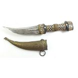 A Middle Eastern curved brass dagger with mother of pearl inlay 27.5cm