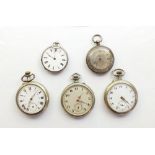 Four silver plated pocket watches and a white metal one