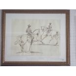 A large print of watercolour sketch of two prancing show horses and riders - 45 x 59cm