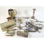 A box of silver plated items including a silver and mother of pearl sweetmeat dish