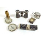 A box of collectable's including small two draw pocket telescope, compasses, opera glasses