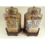 A pair of large Chinese Republic period Canton style table lamps and shades - 72cm