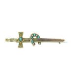 An Edwardian 9 carat gold sword and horseshoe brooch set turquoise and seed pearls, Chester, 1.7g