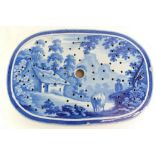 A Victorian blue and white strainer dish decorated cow herd, a/f