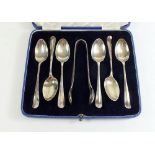 A cased set of six silver teaspoons and sugar tongs Sheffield 1940