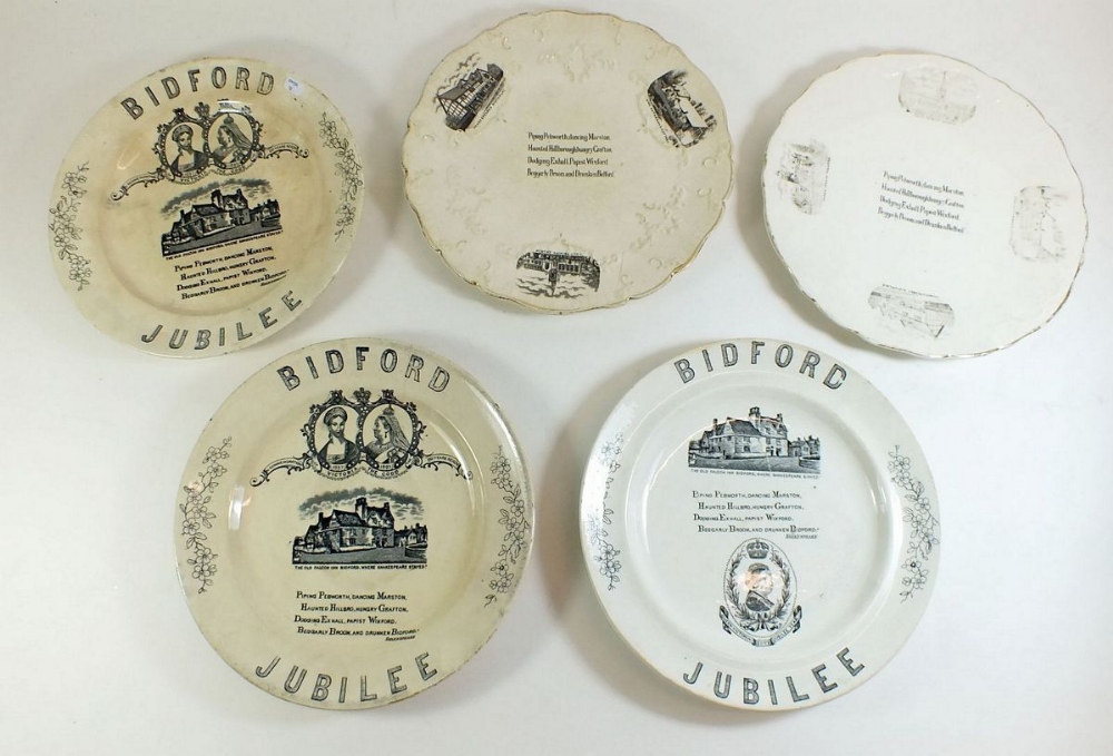 A selection of five 19th Century pottery plates related to Shakespeare and Bidford - three also with