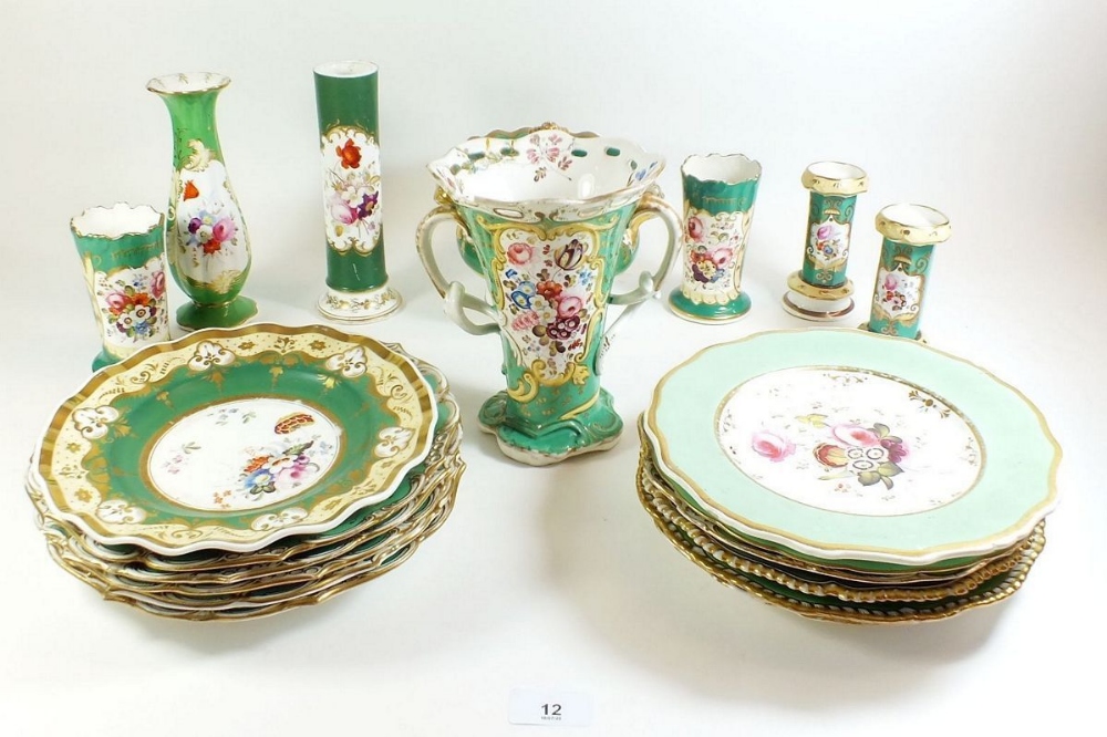 A group of 19th century Rockingham style china painted floral decoration on apple green