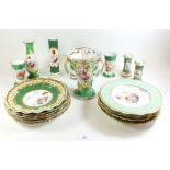 A group of 19th century Rockingham style china painted floral decoration on apple green