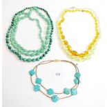 Five various bead necklaces including malachite