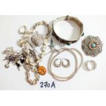 A box of silver and white metal jewellery including Turkish bracelet and butterfly wing brooch