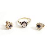 A 9 carat gold sapphire and diamond cluster ring and a pair of 9 carat gold earrings set sapphires