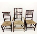 Three 19th century spindle back rush seated country chairs (two diners and one carver)