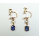 A pair of sapphire and pearl drop earrings with gold screw fittings, unmarked