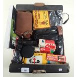 A box of cameras to include a Zeiss Ikophot Meter, Kodak Hauheye Deleuxe, Kodak Brownie boxed and