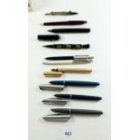 A selection of various fountain and ballpoint pens to include a Swan Maybie Todd gilt pen and some