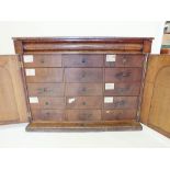 A Victorian burr elm side cabinet with later fitted bank of fifteen drawers