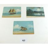 A set of three early 20th century Chinese miniature unframed gouache/watercolour - shipping scenes -